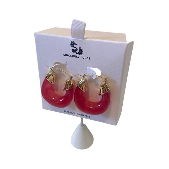 Sincerely Jules Hot Pink Semi-Translucent Hoop Earrings w/Gold Hardware. - Picture 3 of 7